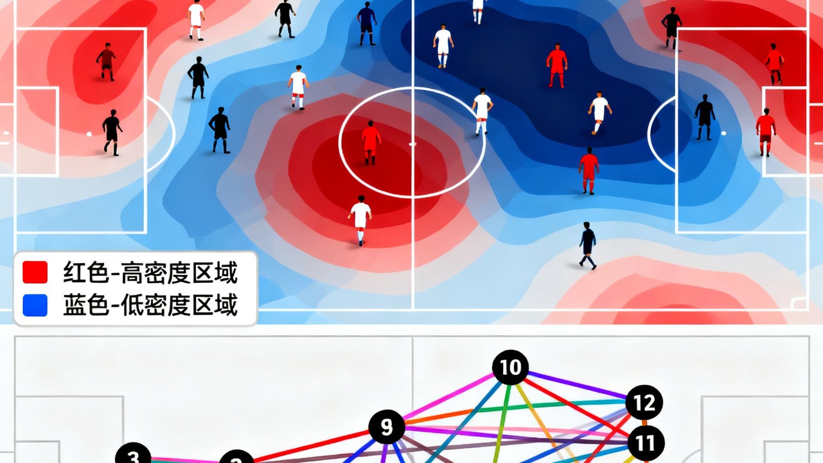 一张足球数据可视化图表，包含球员跑动热力图和传球线路网络图，用色彩深浅表示活动密度